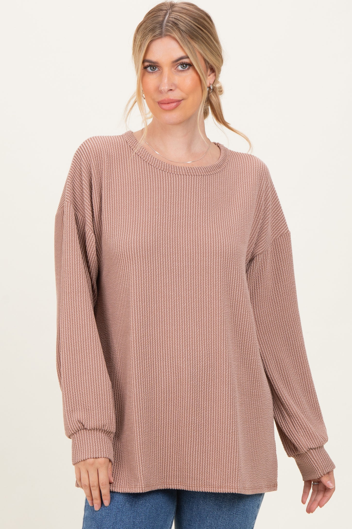 Taupe Puff Sleeve Solid Ribbed Maternity Top