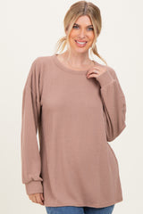 Taupe Puff Sleeve Solid Ribbed Top