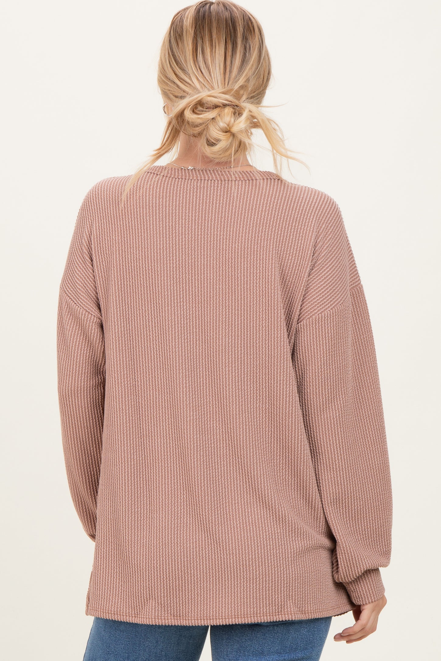 Taupe Puff Sleeve Solid Ribbed Top