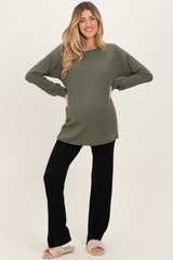 Olive Puff Sleeve Solid Ribbed Maternity Top