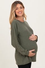 Olive Puff Sleeve Solid Ribbed Maternity Top