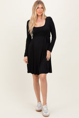 Black Scoop Neck Long Sleeve Waist Tie Dress