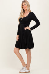 Black Scoop Neck Long Sleeve Waist Tie Dress