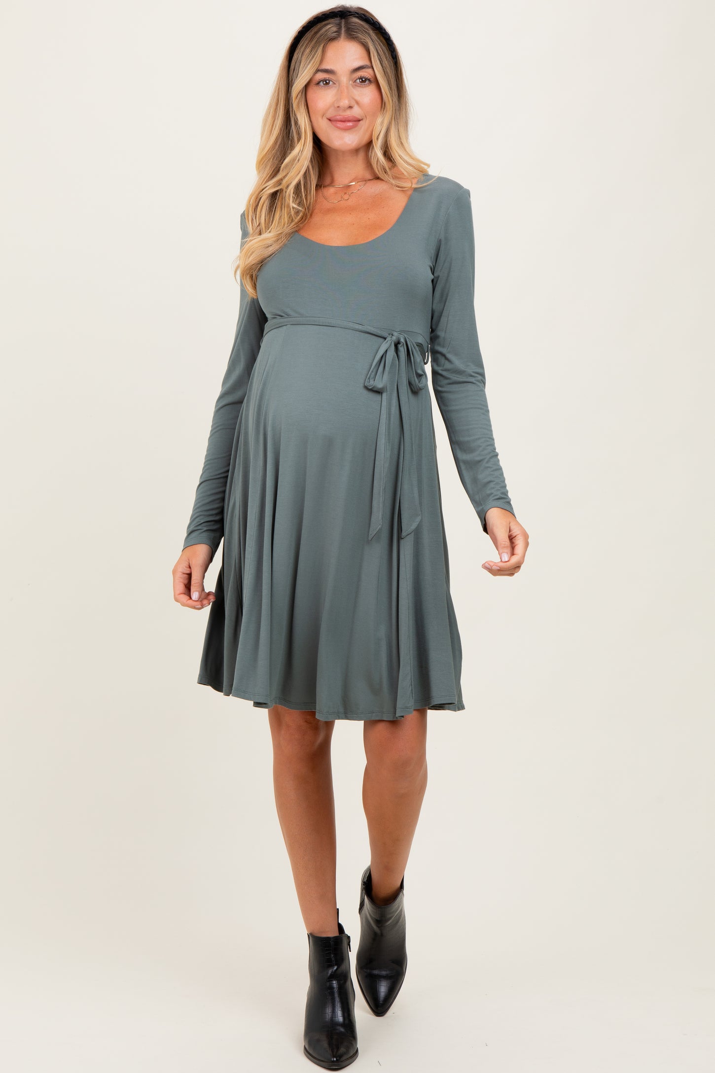 Olive Scoop Neck Long Sleeve Waist Tie Maternity Dress