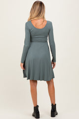 Olive Scoop Neck Long Sleeve Waist Tie Maternity Dress