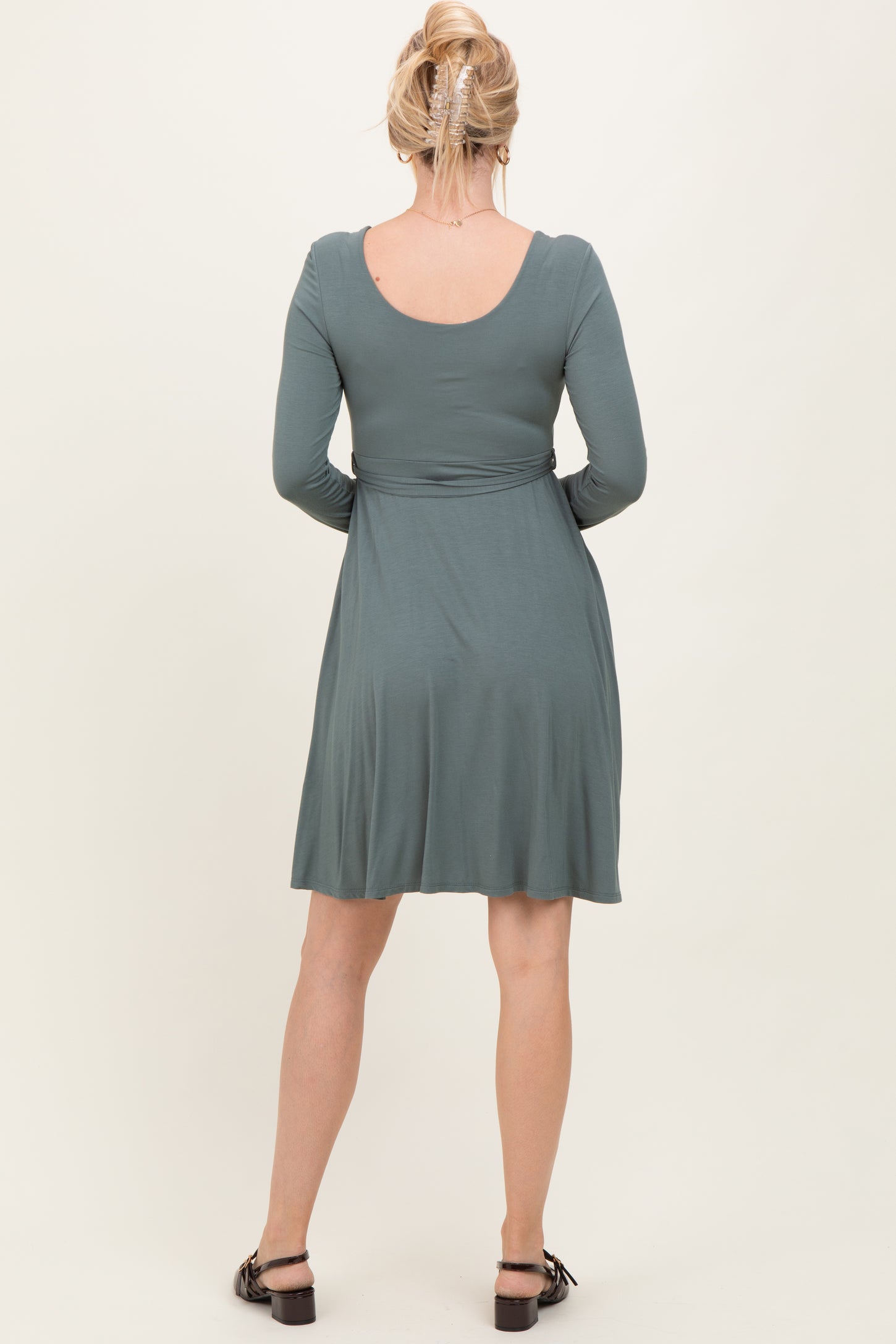 Olive Scoop Neck Long Sleeve Waist Tie Dress
