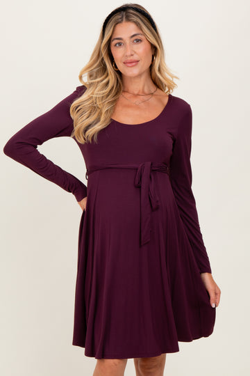 Plum Scoop Neck Long Sleeve Waist Tie Maternity Dress