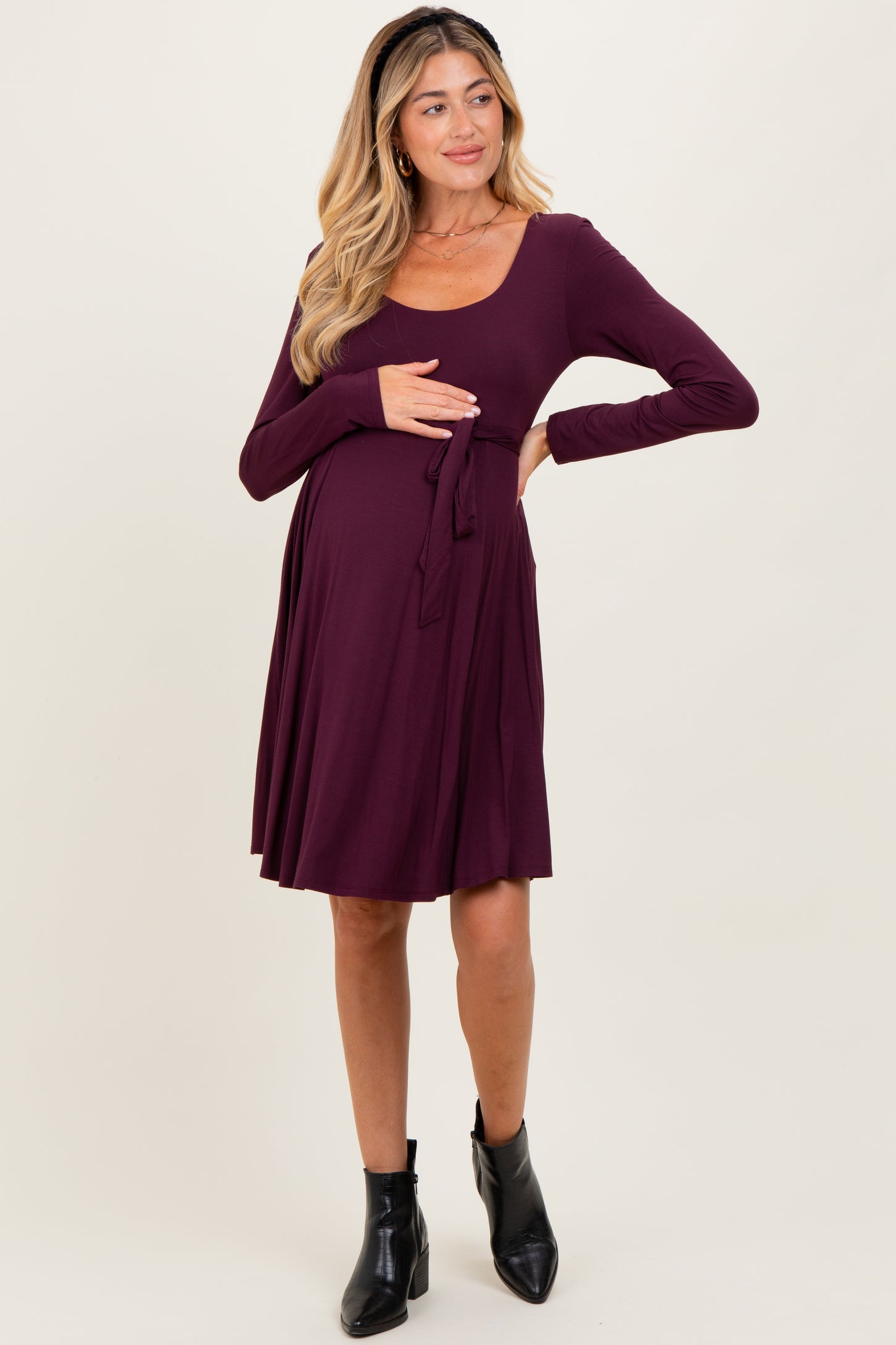 Plum Scoop Neck Long Sleeve Waist Tie Maternity Dress