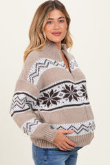Brown Fair Isle Print Zip Up Maternity Sweater Jacket
