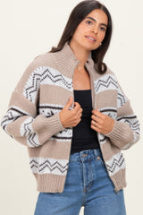 Brown Fair Isle Print Zip Up Sweater Jacket