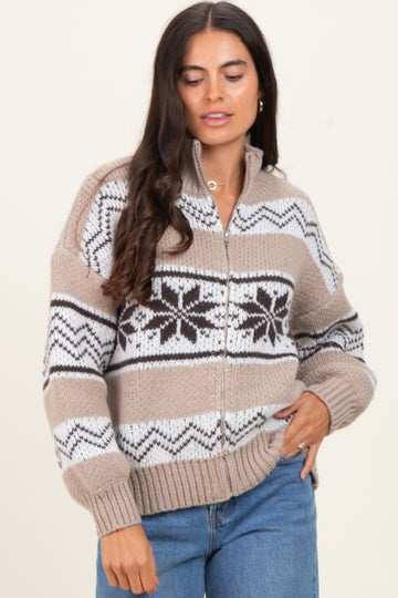 Brown Fair Isle Print Zip Up Sweater Jacket