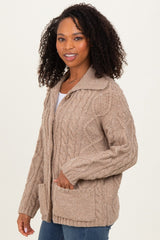 Beige Cable Knit Collared Button Up Cardigan