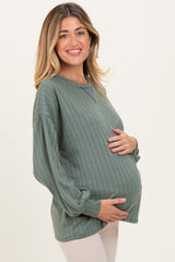 Olive Ribbed Knit Bubble Sleeve Maternity Pullover Top