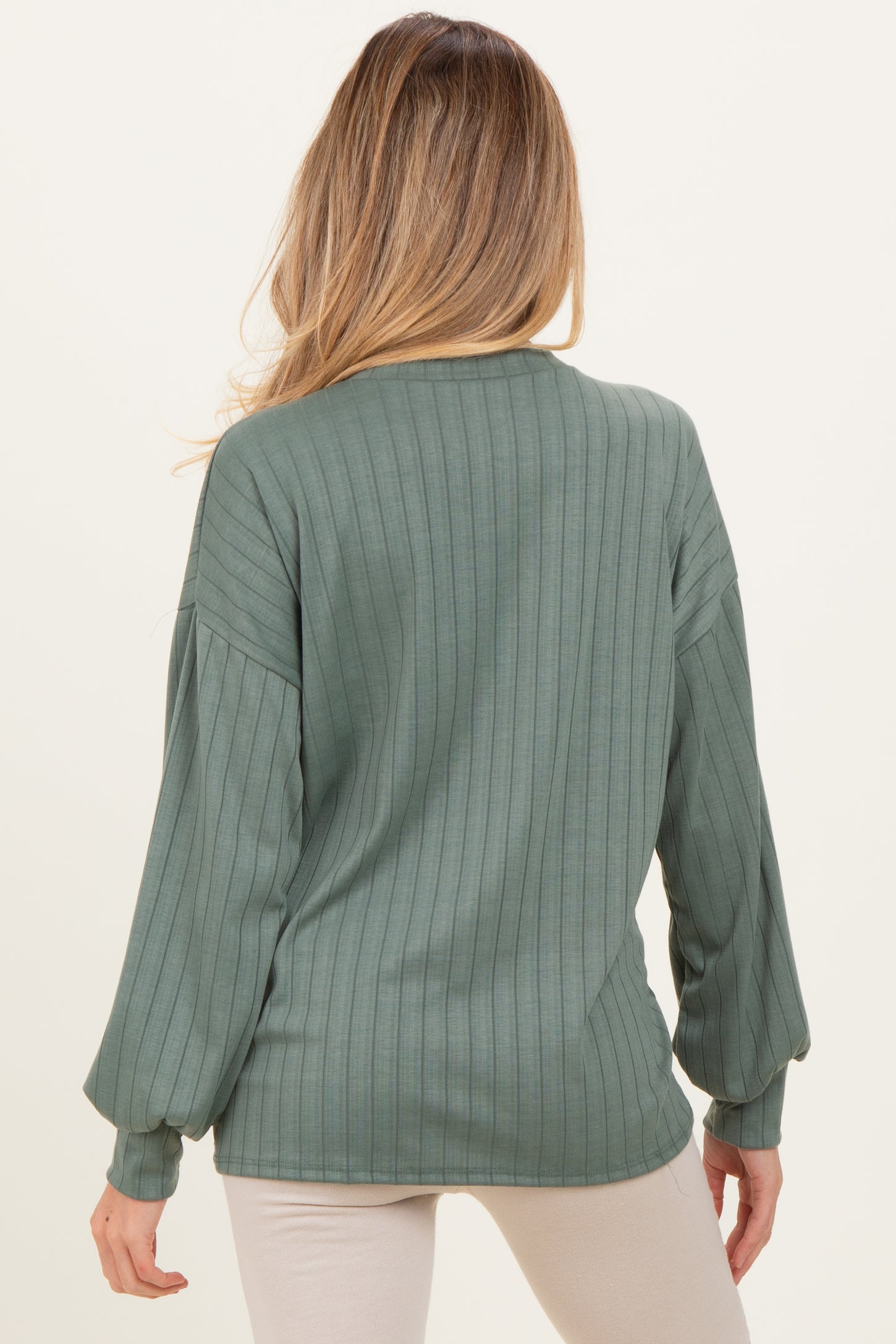 Olive Ribbed Knit Bubble Sleeve Maternity Pullover Top