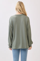 Olive Ribbed Knit Bubble Sleeve Pullover Top