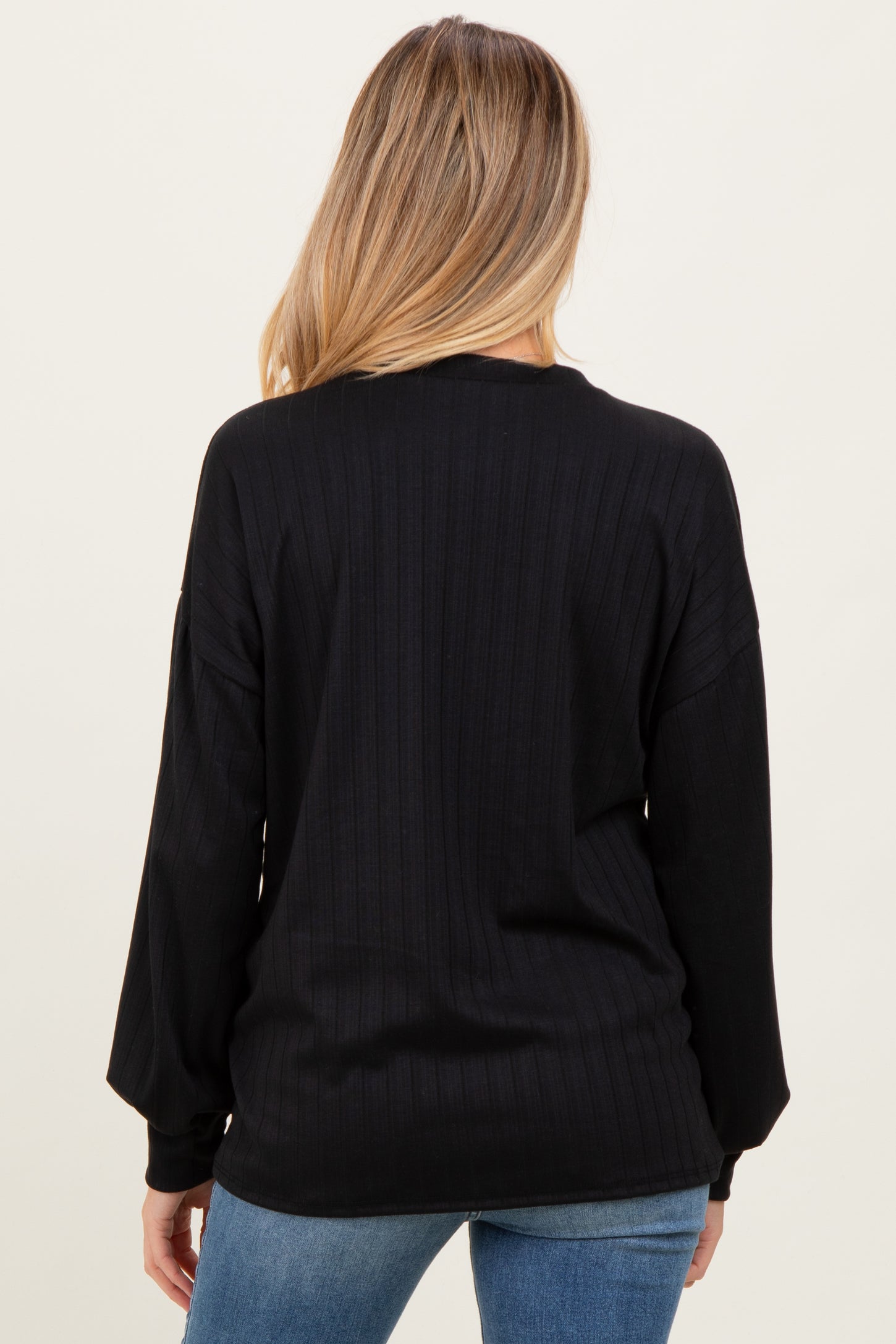 Black Ribbed Knit Bubble Sleeve Maternity Pullover Top