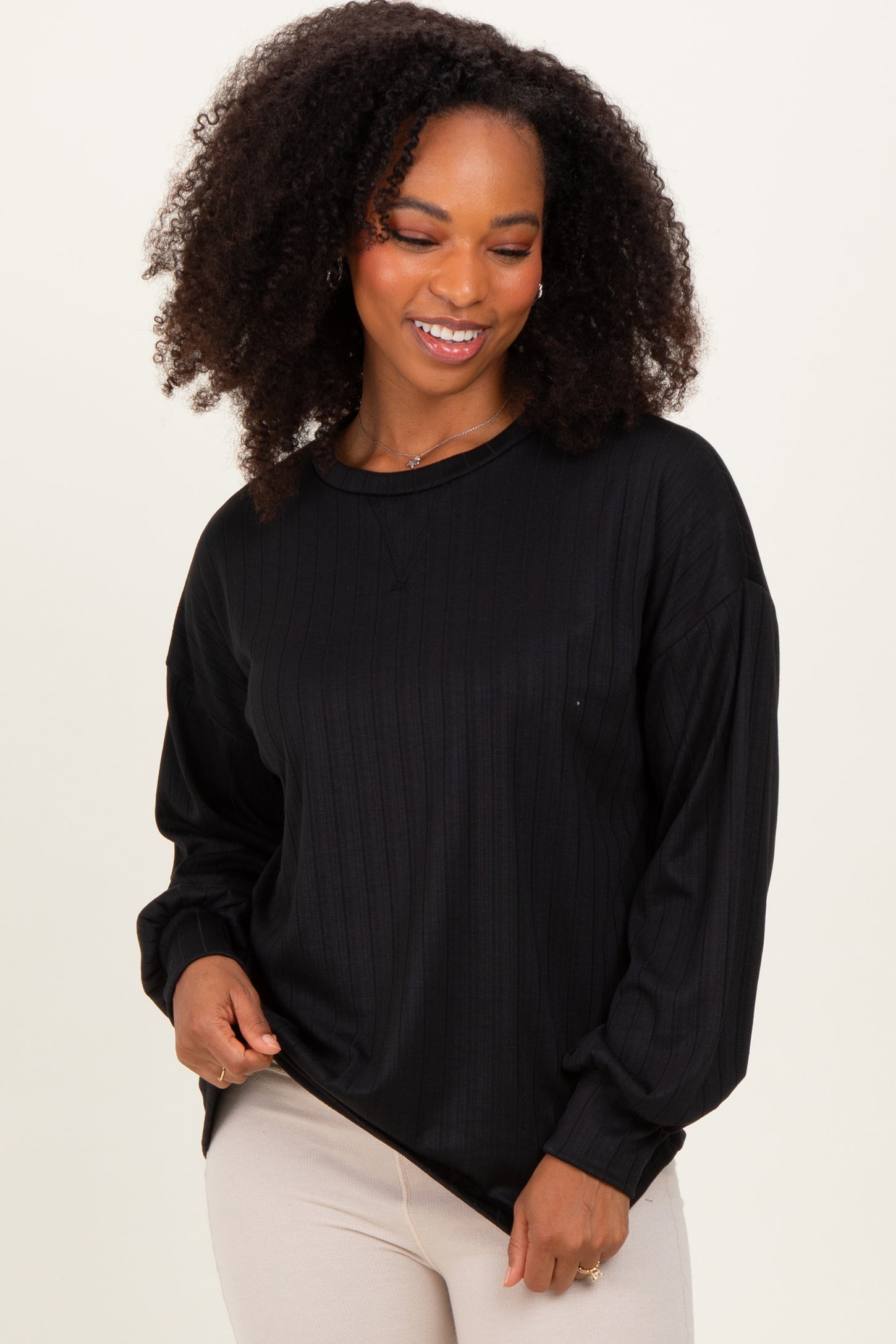 Black Ribbed Knit Bubble Sleeve Pullover Top