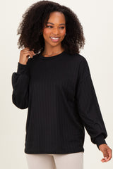 Black Ribbed Knit Bubble Sleeve Pullover Top