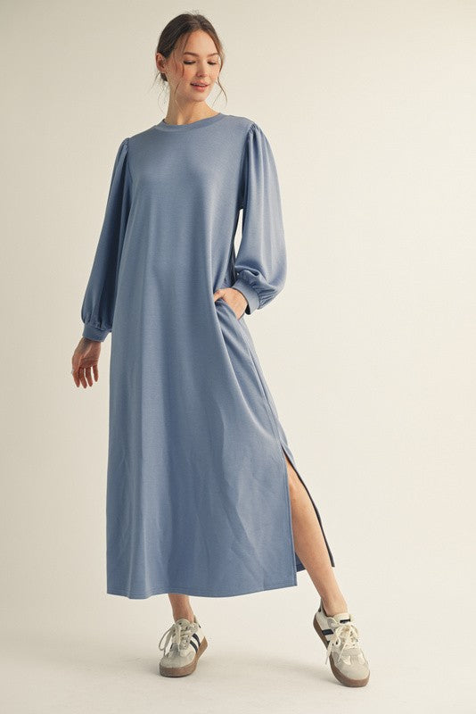 solid blue midi dress Blue Side Slit Detail Solid Maternity Midi Dress