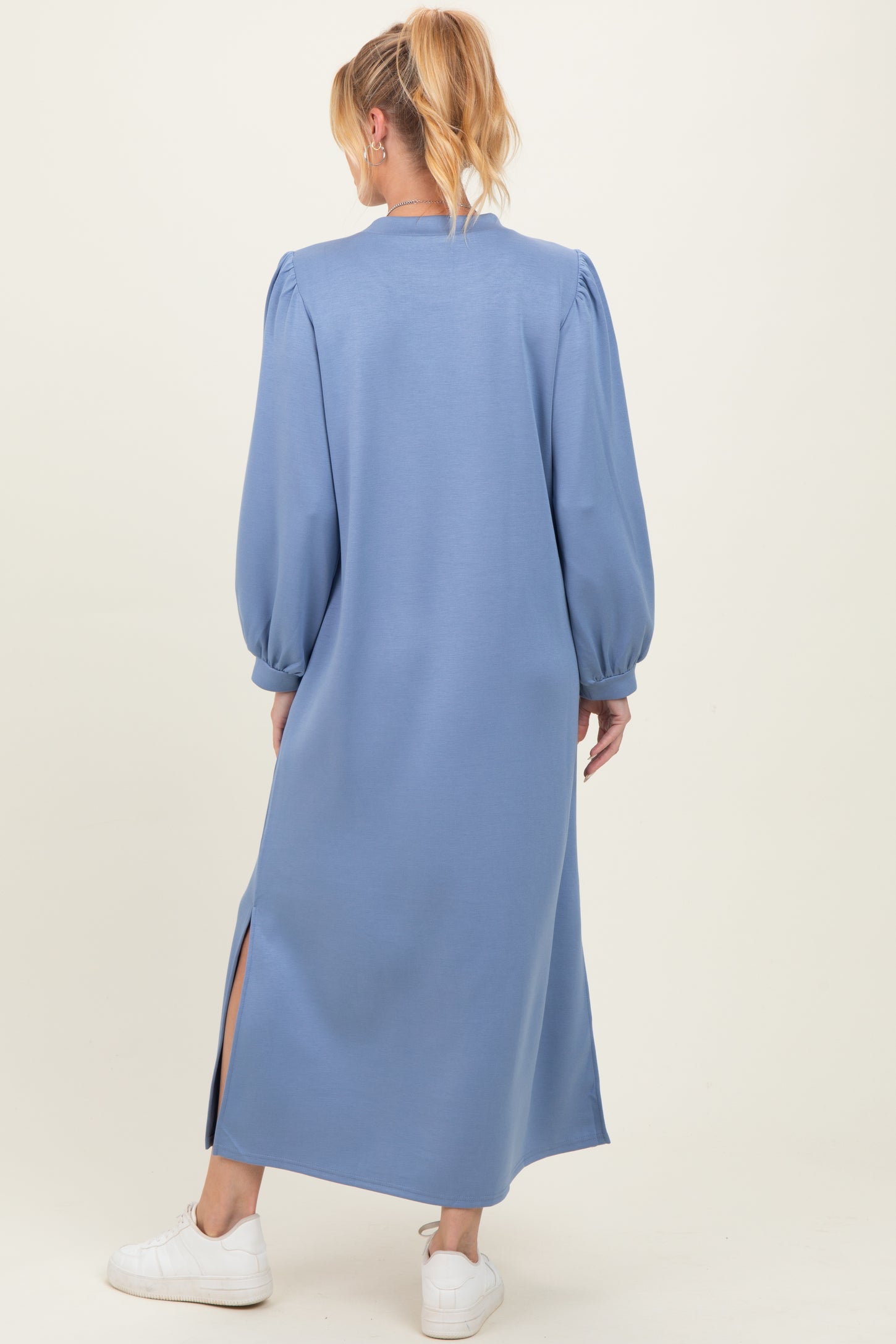 Blue Side Slit Detail Solid Maternity Midi Dress