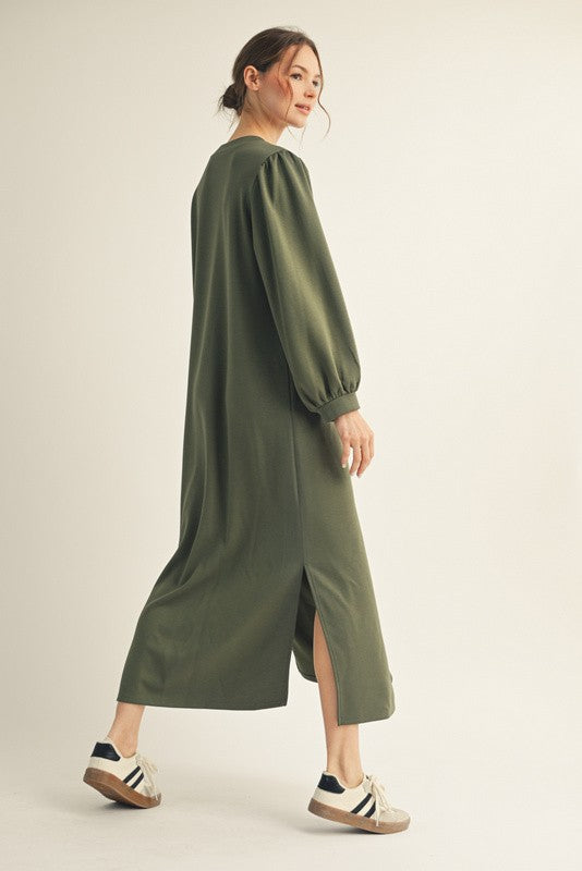 Olive Side Slit Detail Solid Midi Dress