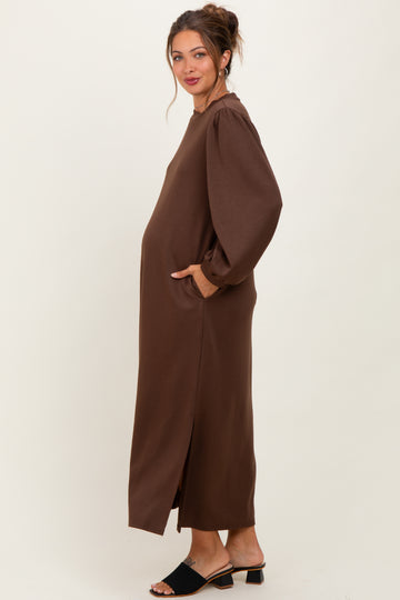 Brown Side Slit Detail Solid Maternity Midi Dress