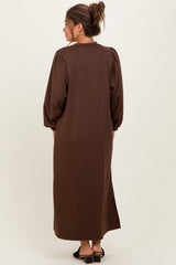Brown Side Slit Detail Solid Maternity Midi Dress