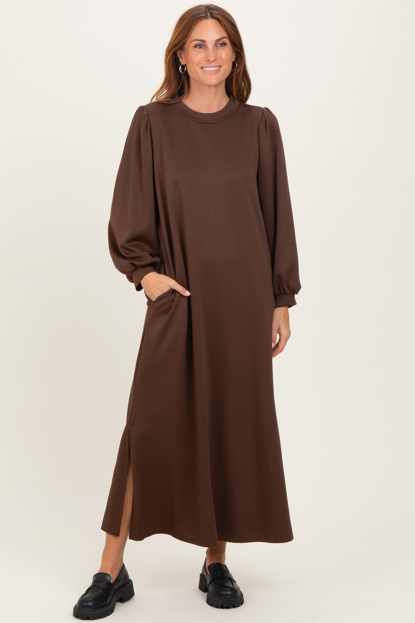 Brown Side Slit Detail Solid Midi Dress