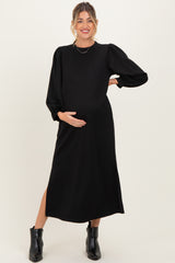 Black Side Slit Detail Solid Maternity Midi Dress