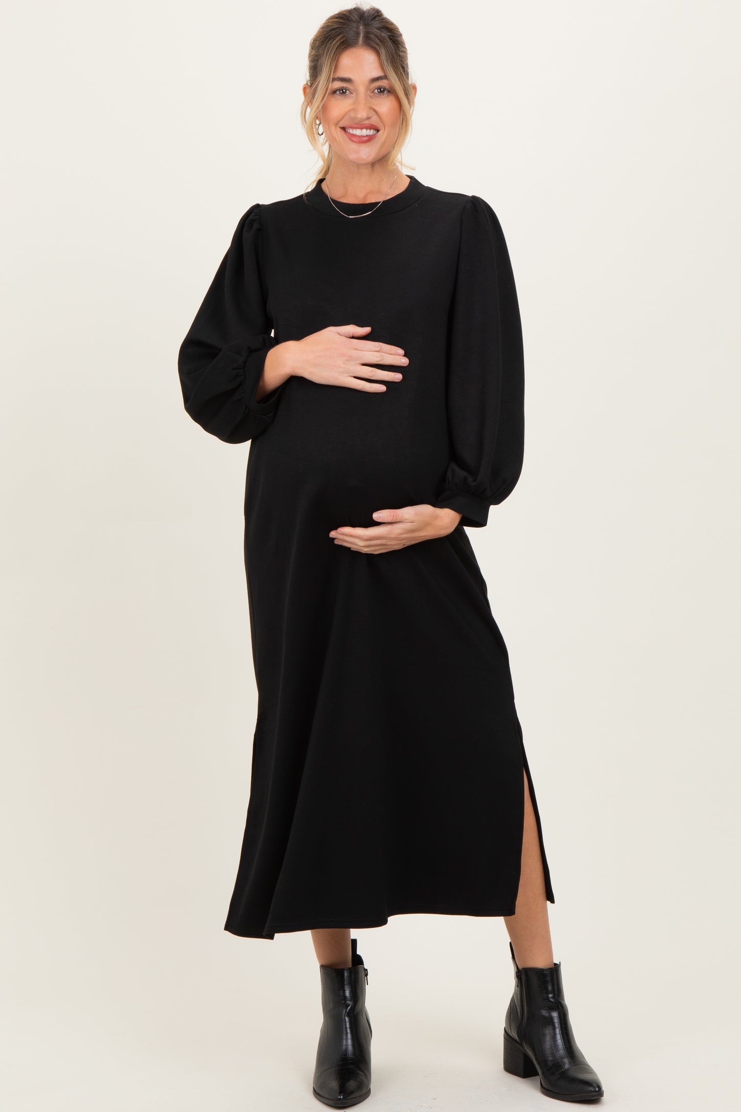 Black Side Slit Detail Solid Maternity Midi Dress