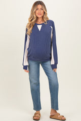Navy Textured Rib Colorblock Maternity Pullover
