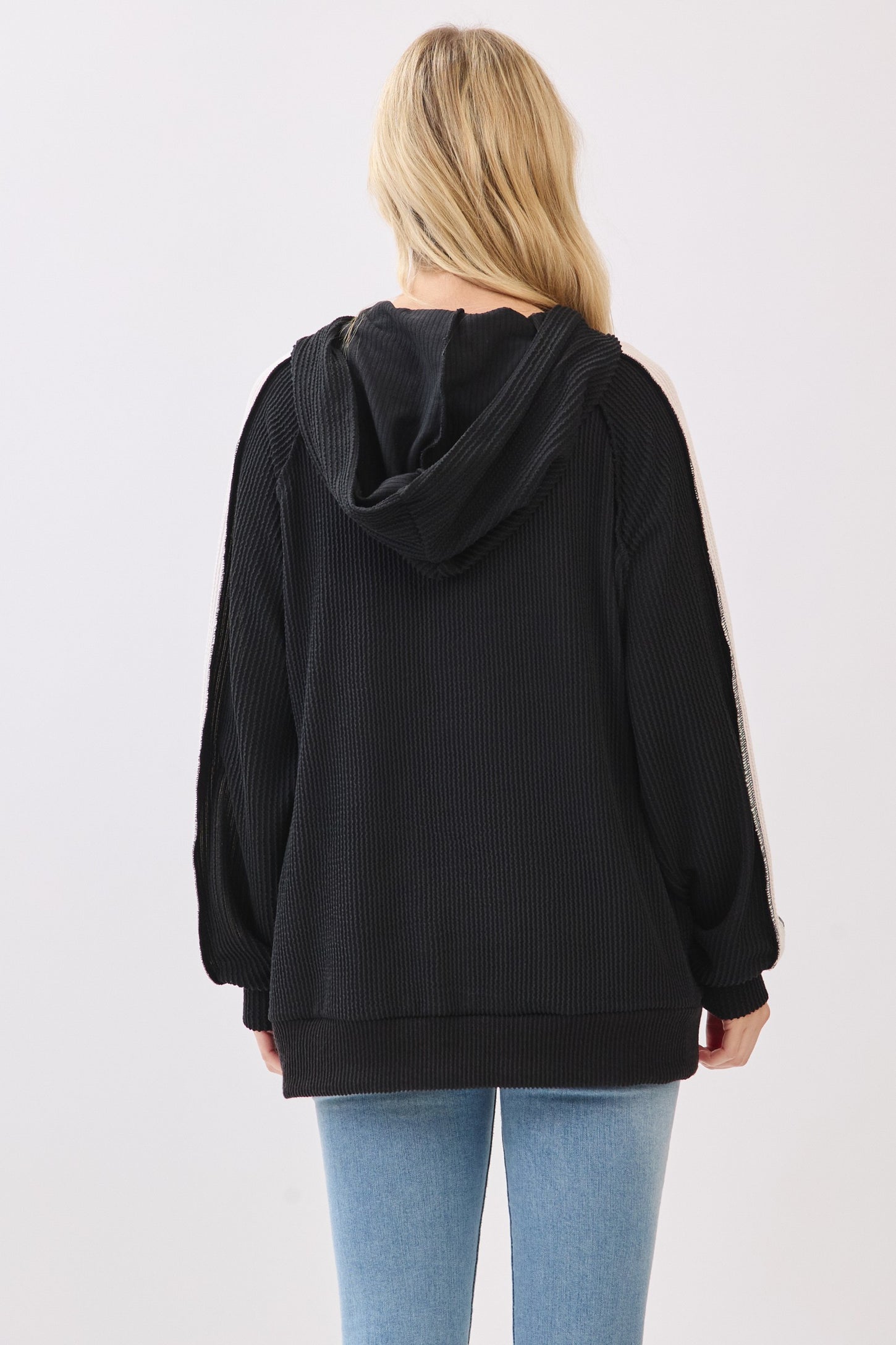 Black Textured Rib Colorblock Hoodie