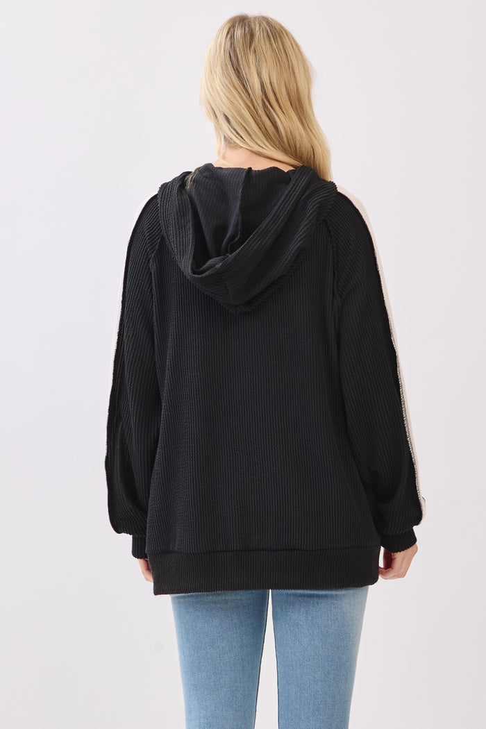 Black Textured Rib Colorblock Hoodie