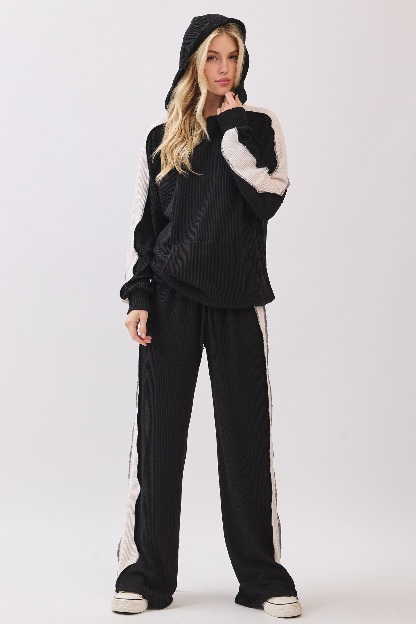 Black Textured Rib Colorblock Hoodie