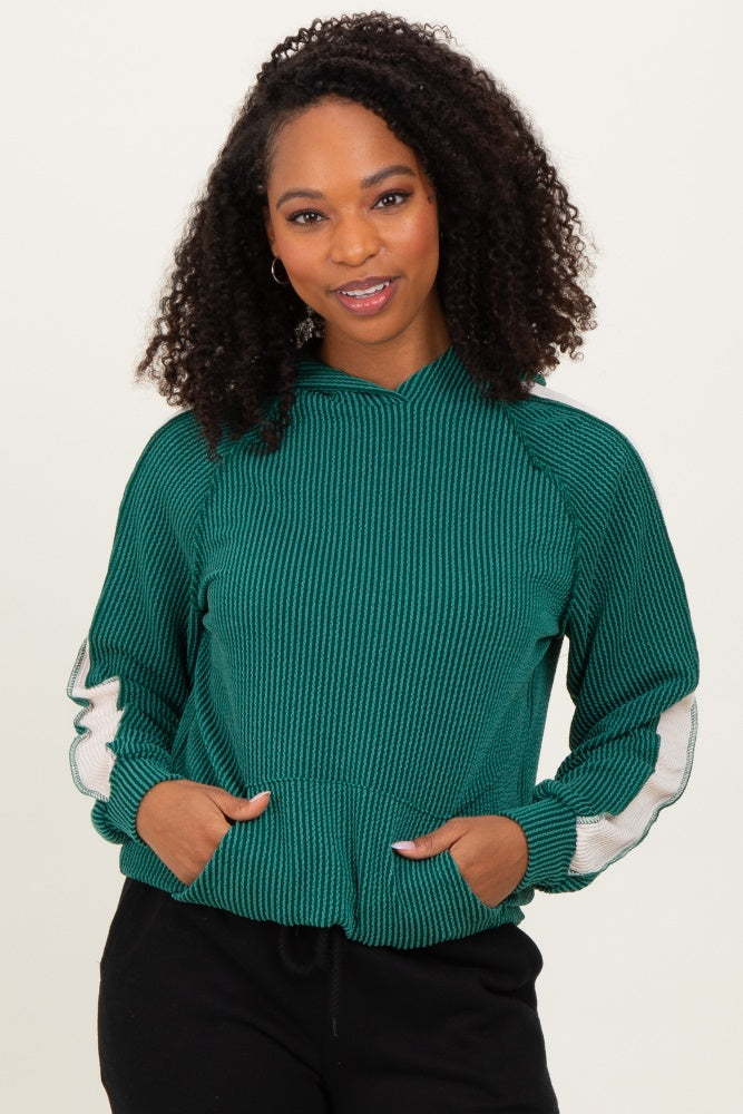 Forest Green Textured Rib Colorblock Maternity Hoodie