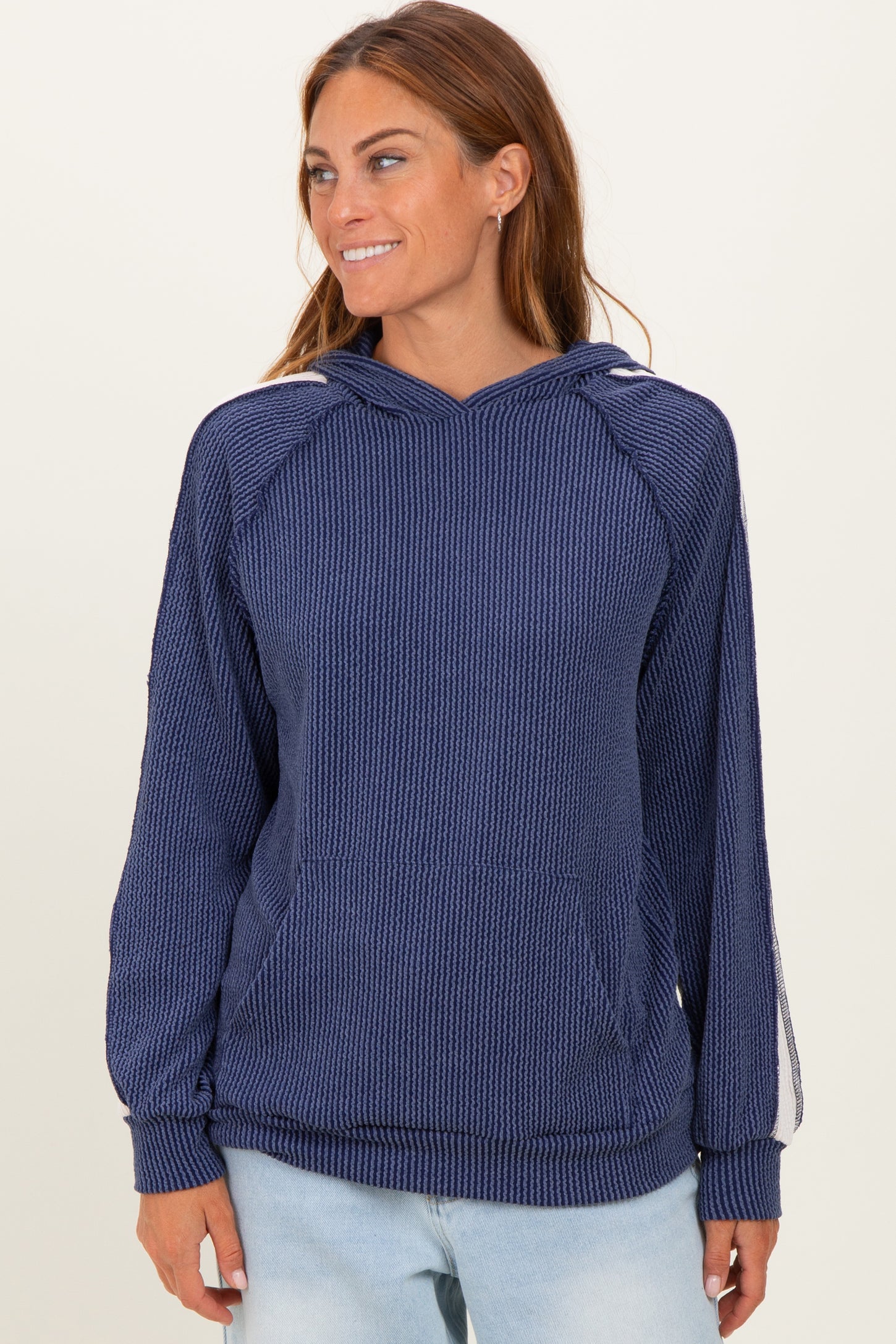 Navy Textured Rib Colorblock Maternity Hoodie
