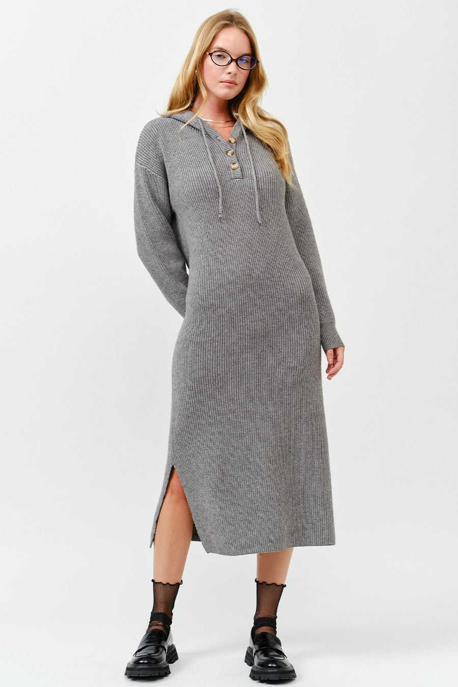 Grey Hooded Sweater Midi Dress