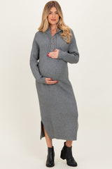Grey Hooded Sweater Maternity Midi Dress