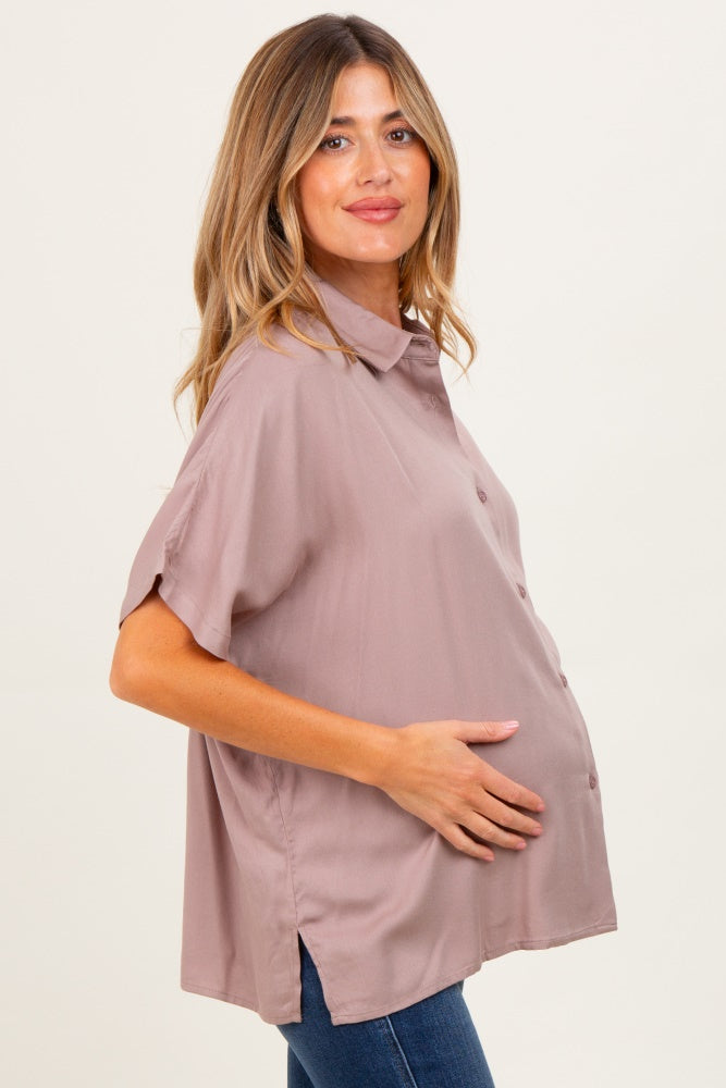 Taupe Dolman Sleeve Button Down Maternity Blouse