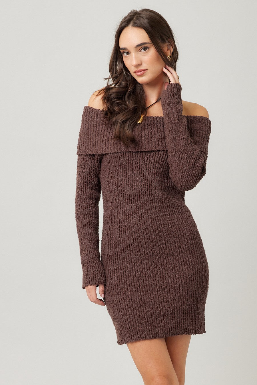 Brown Off The Shoulder Knit Sweater Mini Dress – PinkBlush