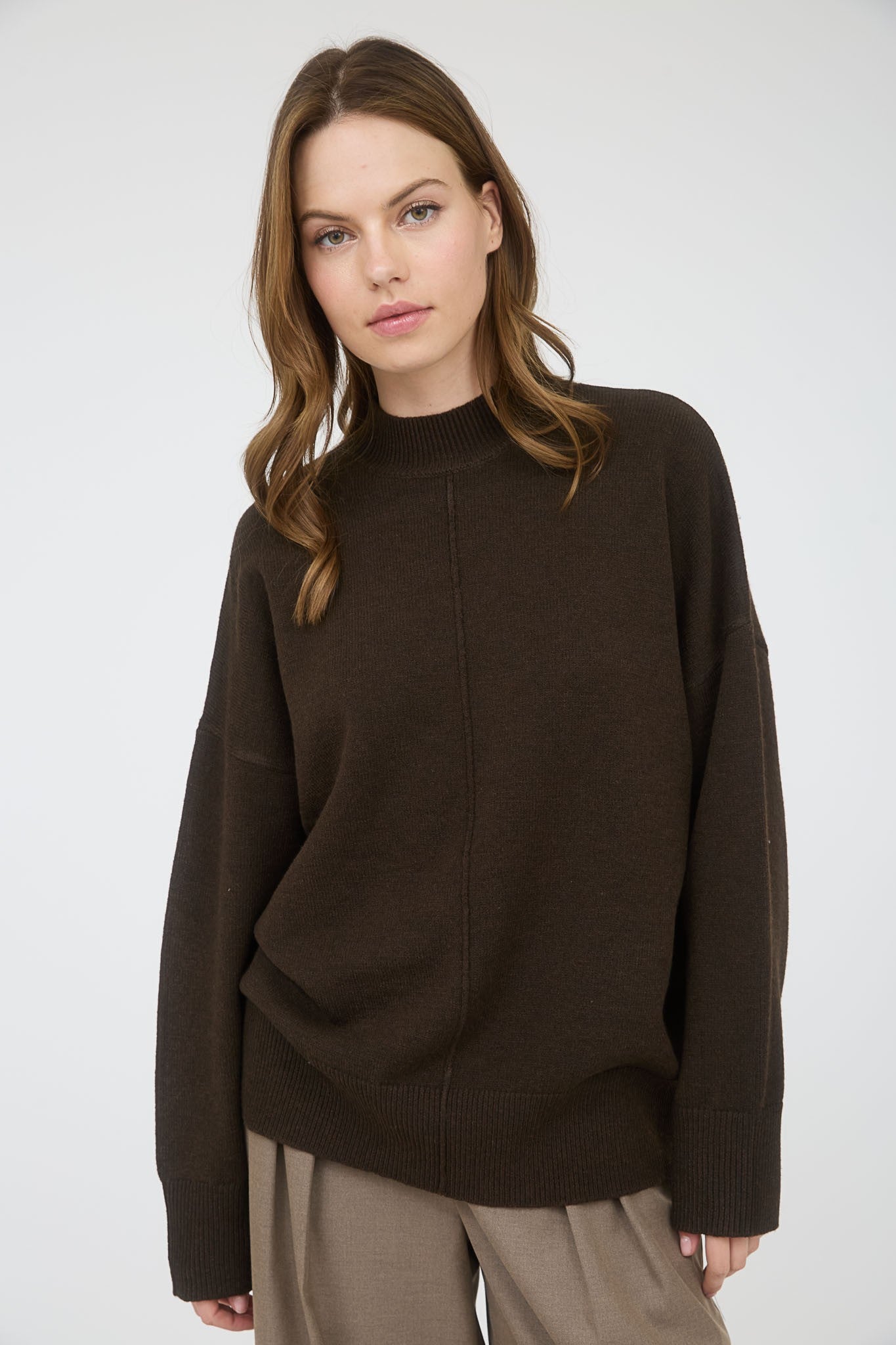 Brown Front Seam Mock Neck Maternity Sweater