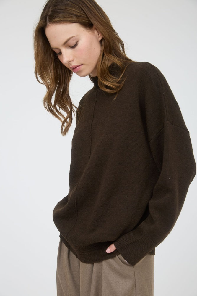 Brown Front Seam Mock Neck Sweater