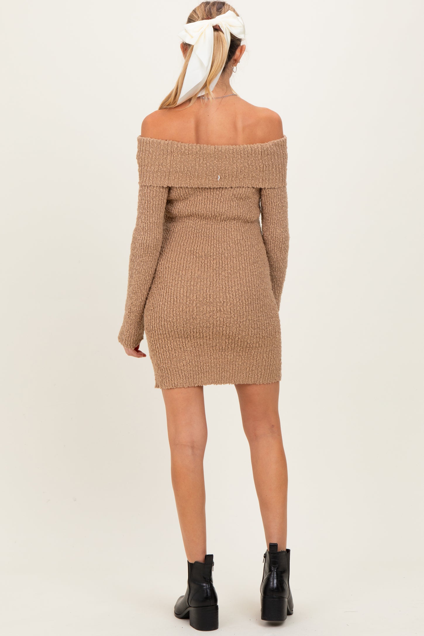 Mocha Off The Shoulder Knit Sweater Maternity Mini Dress