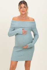 Light Blue Off The Shoulder Knit Sweater Maternity Mini Dress