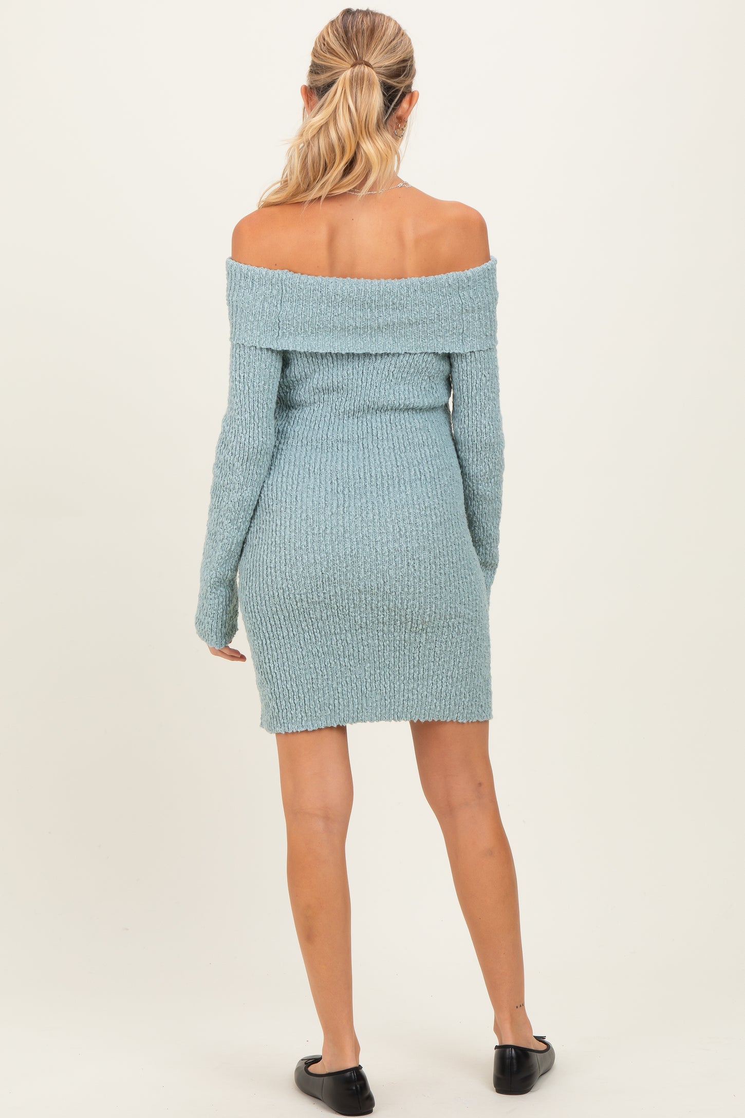 Light Blue Off The Shoulder Knit Sweater Maternity Mini Dress