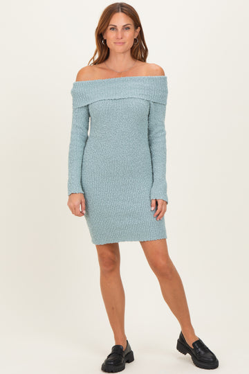 Light Blue Off The Shoulder Knit Sweater Mini Dress