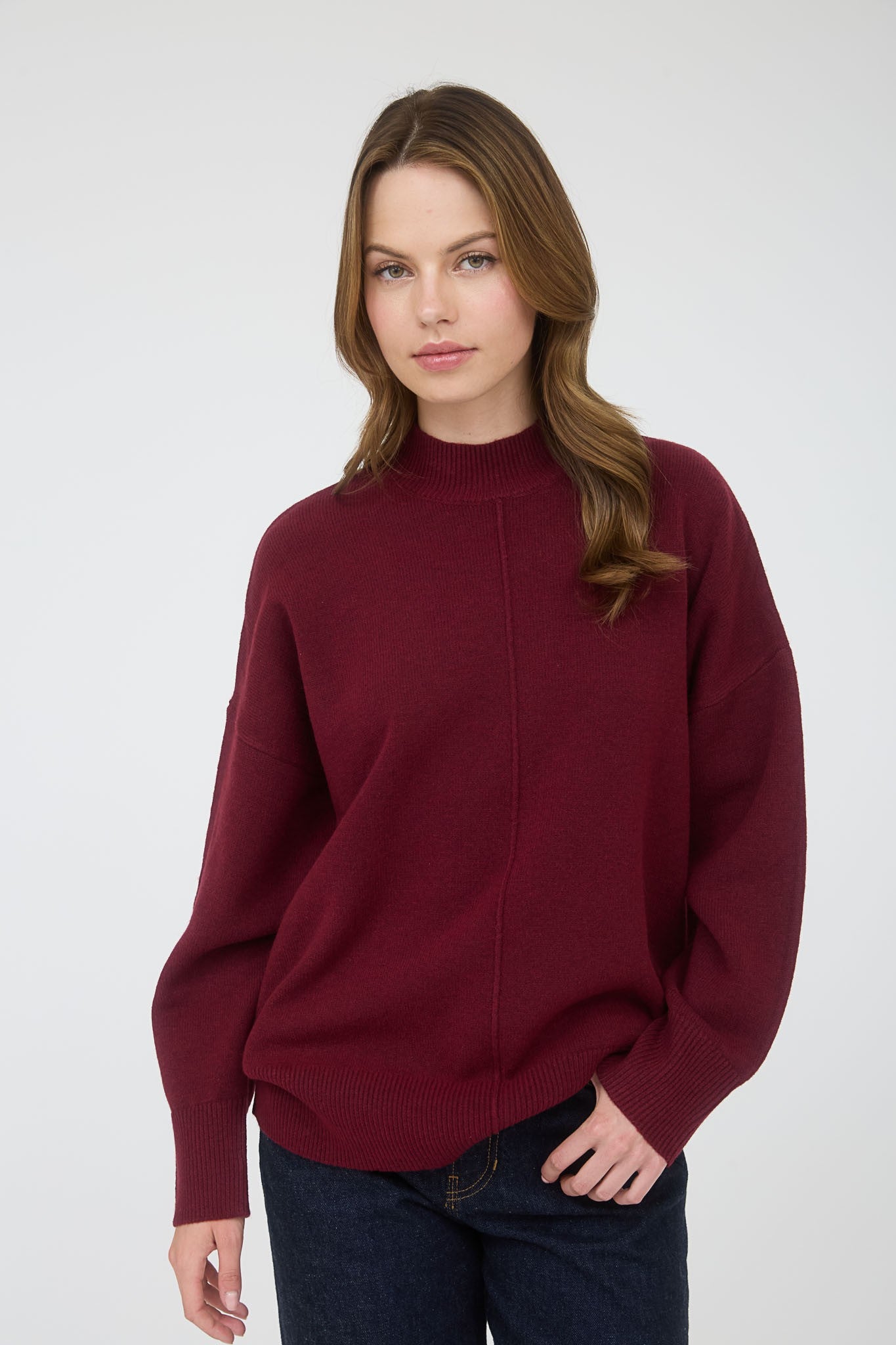 Burgundy Front Seam Mock Neck Maternity Sweater