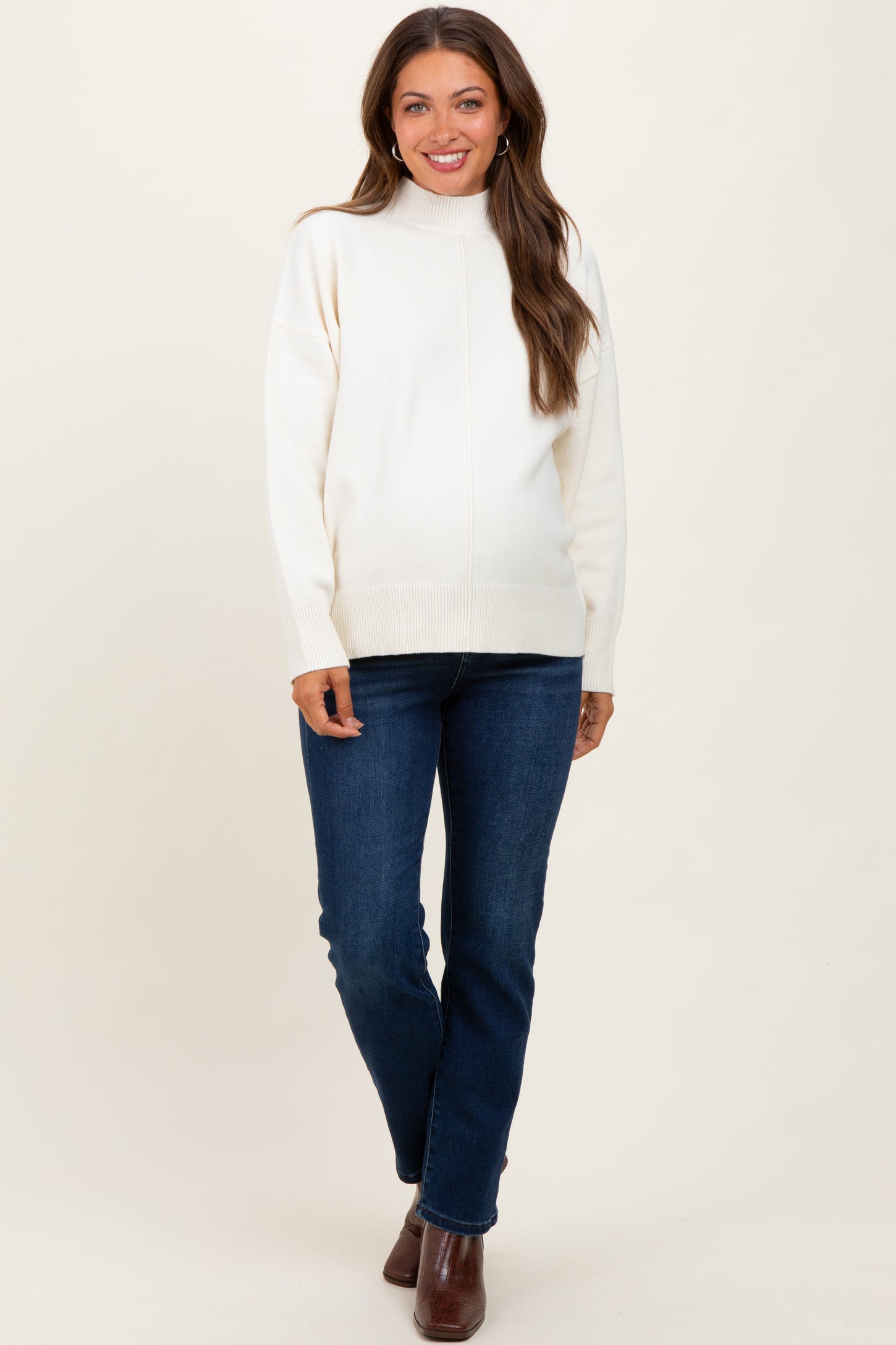 Cream Front Seam Mock Neck Maternity Sweater