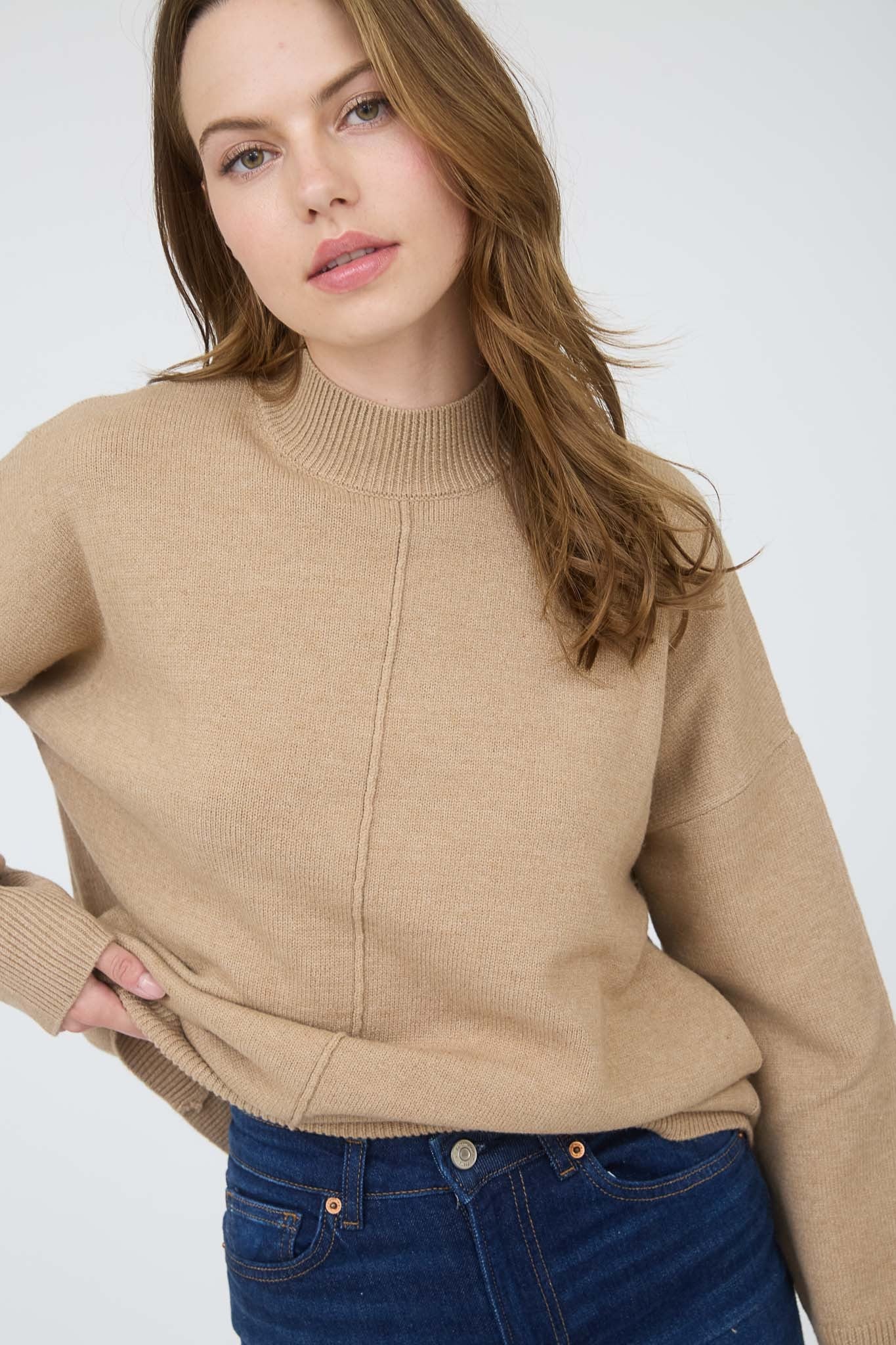 Camel Front Seam Mock Neck Sweater