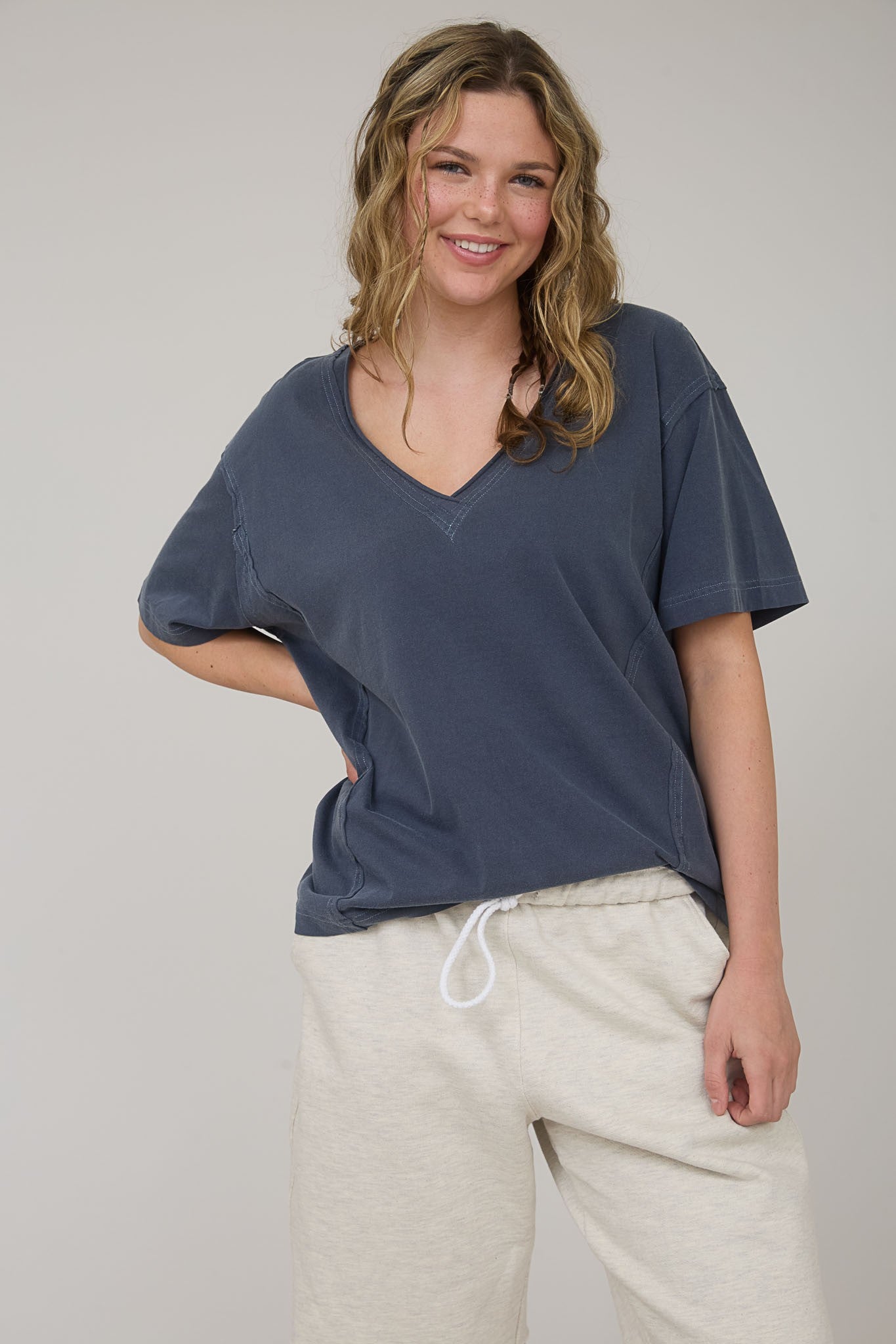 Navy Raw Edge V-Neck Short Sleeve T-Shirt